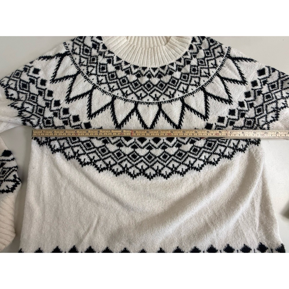 LOFT Fair Isle Sweater Women L Ivory Black Nordic Geometric Crewneck Pullover - Picture 6 of 9